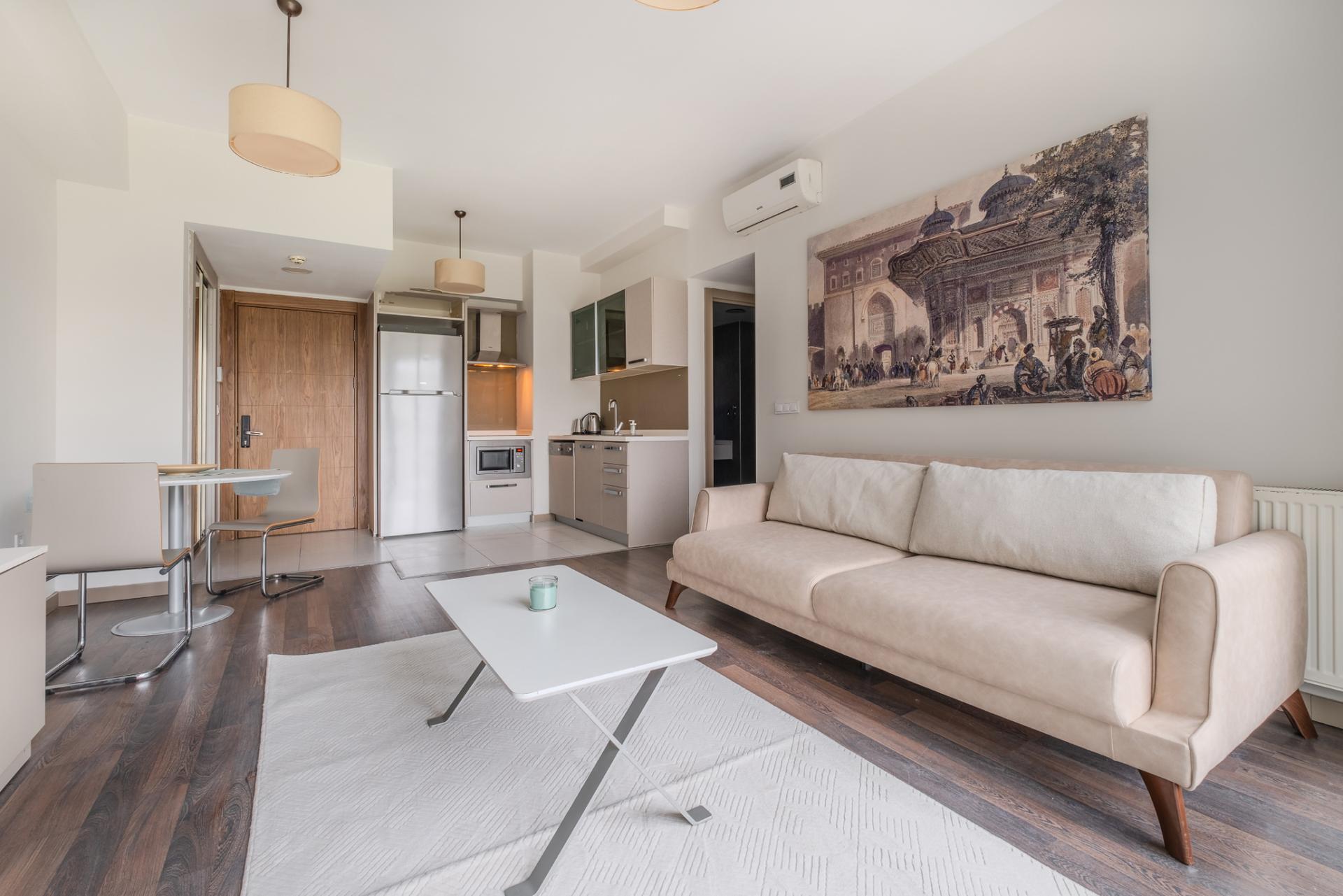 A chic living room bathed in soft pastel tones, exuding a serene ambiance.